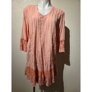 Pretty Angel Peach Cotton Lace Embroidered Tunic Dress Boho Bell Sleeve Womens M